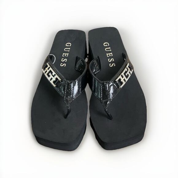 GUESS Platform Flip Flop Wedge Sandals 9M Black Logo Rhinestone Thong Women - Picture 5 of 7